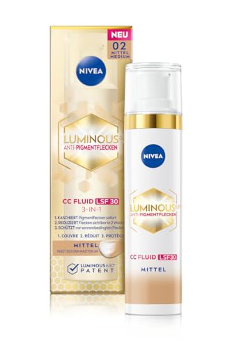 NIVEA Luminous 630 Anti-Pigmentflecken CC Fluid LSF 30 für mittlere Hauttöne, CC Cream mit Hyaluron und mikroverkapselten Farbpigmenten, Tagescreme mit LSF 30 für einen ebenmäßigen Teint (40 ml)