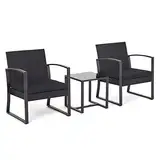 Mondeer Balkonmöbel, Rattan Gartenmöbel Set 3 Teilig, 2 Stühle mit Kissen und 1 Tisch, für Balkon Garten, Lounge Terrasse, Schwarz