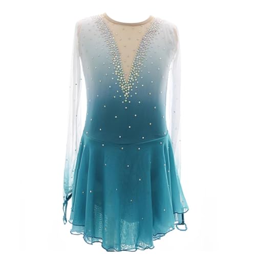 purpleq Damen Eiskunstlauf Kleid Langarm Kürkleid mit Strass Rollkunstlauf Wettbewerb Tanzanzug Gymnastikanzug Professionelle Eiskunstlauf Bekleidung Für Mädchen,3XL