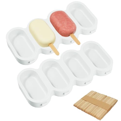 Eisformen Silikon für Eis am Stiel, 4 Hohlräume BPA-frei, Spülmaschinenfest, mit 50 Holzstäbchen für Eis, Desserts, Schokolade & Frozen Treats, 2 Stück