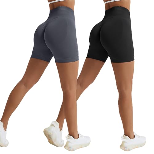 Vertvie Damen Gym Shorts Booty Scrunch High Wasit Sport Shorts Nahtlose Sporthose Kurz Leggings Workout Shorts Push Up Radlershorts Fitness Laufen(2pc/Schwarz/Dunkelgrau,M)