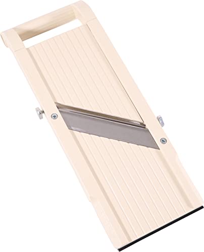 Benriner Pressioneller Japanischer SUPER Mandoline Gemüsehobel 95 mm Schnittbreite mit 3 unterschiedlichen auswechselbaren Klingen aus Rostreiem Edelstahl und Fingerschutz Gemüsespagetti