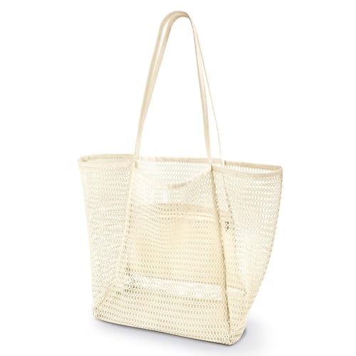 benpen Große Strandtasche Damen Xl Familie,Beach Bags For Women,Netztasche Strand Mit Reißverschluss Innentasche,Faltbare Leichte Mesh Strandtasche Korb,Badetasche Klein,Shopper für Frauen