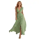 HEYPORK Damen Frühling Sommer Kleider Lässig Bequem Kleid Modern Elegant Röcke Frauen Slim Rückenfreies Kleid V-Ausschnitt Gerafften Schlitz Langen Rock(Grün, S)