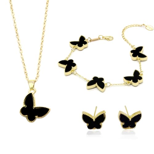 TNSRAY Schmetterling Schmuckset für Damen und Mädchen, Plattiert Edelstahl Zweiseitig Schmetterling Schmuckset für Damen und Mädchen, Anhänger Halskette Ohrstecker Armband Schmuck Set, Schwarz