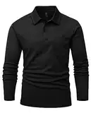 YSENTO Herren Poloshirts Langarm Golfshirts Schnelltrocknend Atmungsaktiv Outdoor Funktionell Tennis Arbeit Casual Polo T-Shirts Tops mit Brillenhalter(Schwarz,L)