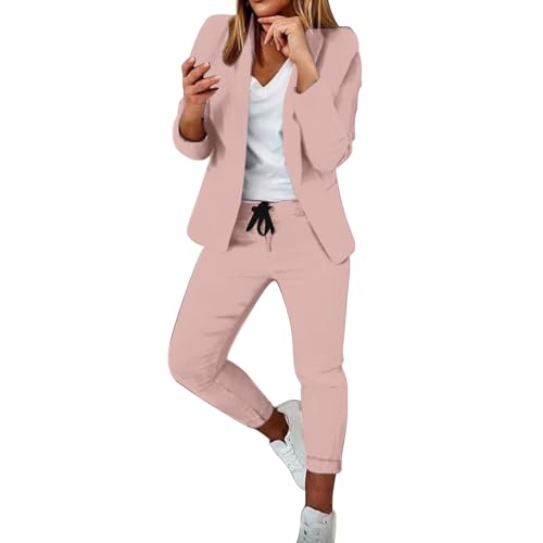 Generisch Anzug Damen Elegant 2 Teiler Damen Sommer Hosenanzug Langarm Business Anzug Set Zweiteiler Einfarbig Blazer Hose Festlich Lange Hosenanzüge Sportlich Slimfit Streetwear Frauen Freizeitanzug