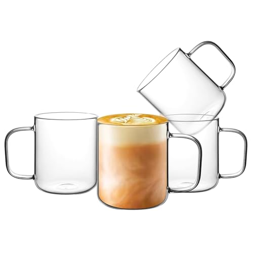 D.M DESIGN·MASTER [4-Stück, 500ML] - Premium große Glas Kaffeetasse mit Griff, große Borosilikatglas Tasse für heiße/kalte Getränke, perfektes Design für Americano, Cappuccinos, Tee und Getränke.