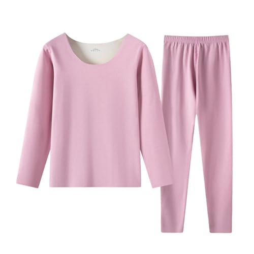 Einfarbiges Damen-Thermo-Langunterwäsche-Set doppeltem Samt Jumpsuits Für Damen Damen Thermoanzug Damen RundhalsAnzug Schlafanzug Damen Winter (Pink, M)