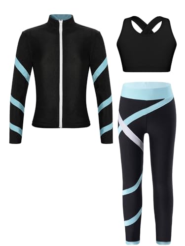 FEESHOW 3-Teiliges Kinder Trainingsanzug Mädchen Sport BH Leggings Und Slim Fit Sweatjacke Eislaufen Yoga Outfit Workout Set Schwarz&Hellblau 134-140