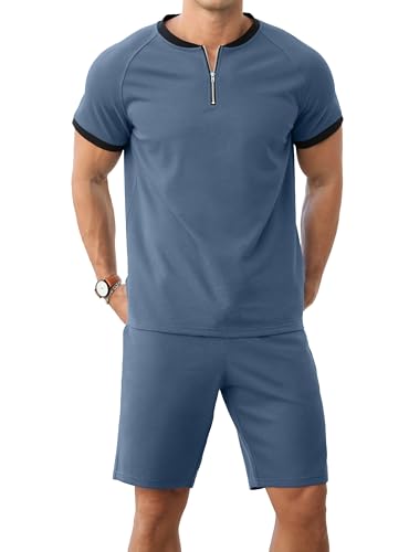 IWOLLENCE 2 Teiler Herren Sommer Poloshirt mit Reißverschluss und Sportshorts mit Taschen Fashion Outfit für Freizeit im Freien Herren Set (Blue, L)