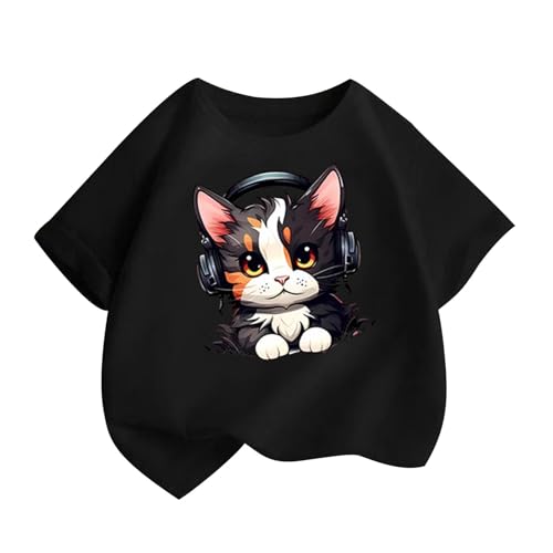 KODMNSW T-Shirt Mädchen T Shirt Kinder Tshirt Sommer Tops Baumwolle Rundhals Kurzarm Oberteile Katze Druck Kurzärmelige Coole Klamotten für Teenager 2-14 Jahre Alt Schwarz 10 Jahre