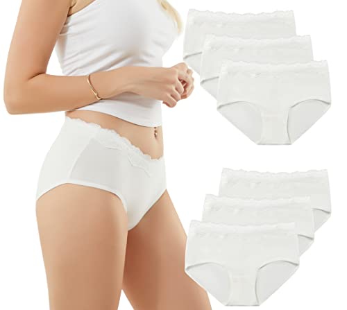 EKSHER Unterwäsche Damen Slips Mehrpack 6er Pack Sexy Spitze Unterhosen Frauen Baumwoll Mittel Taille Hipster Pantys Weiß XL