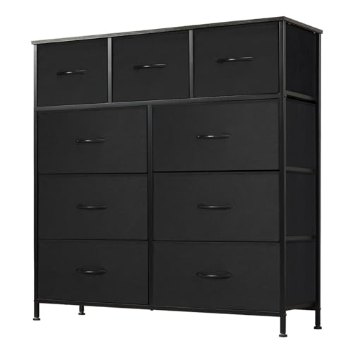 DUMOS Kommode mit Schubladen - Kommoden & Sideboards für Schlafzimmer Geeignet, Komodenschrank mit 9 Schubladen, Stoffkommode mit Stabilem Stahlrahmen, Ideal für Schlafzimmer, Wohnzimmer (Schwarz)