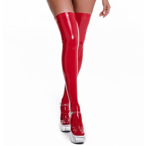 TQPUWT Damen Lack und Leder Sexy Latex Strümpfe, Damenstrümpfe, Sexy Dessous, Glänzendes Leder Sexy Strümpfe, Oberschenkelstrumpfhose, Kurze Strampler, Cosplay Kostüm, Club Enge Slim Fit, Rot, XL