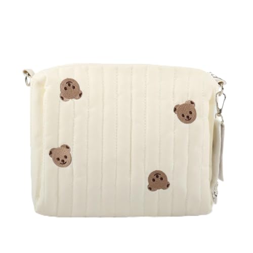 Tragbare Wickeltasche, Stickerei Bär Baby Wickeltaschen, Baumwolle Windeltasche Organizer, Mama Tasche mit Kinderwagen Haken, für Mama Baby Reise, Weiß