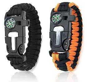 2 Stück Survival Armband Paracord Überlebensarmband Kompass und Pfeife Feueranzünder aus Feuerstein und Stahl Verstellbare Bandgröße für Camping Bushcraft und Notfallausrüstung Schwarz Orange