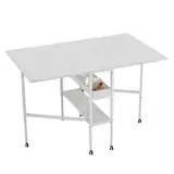 EROMMY Nähtisch Klappbar,Verstellbare Höhe,Mobiler Zuschneidetisch mit Messgitter für große Stoffe,Holz Klapptisch mit Rädern und Stauraum,für Nähzimmer Arbeitszimmer Schlafzimmer zu Hause,Weiß