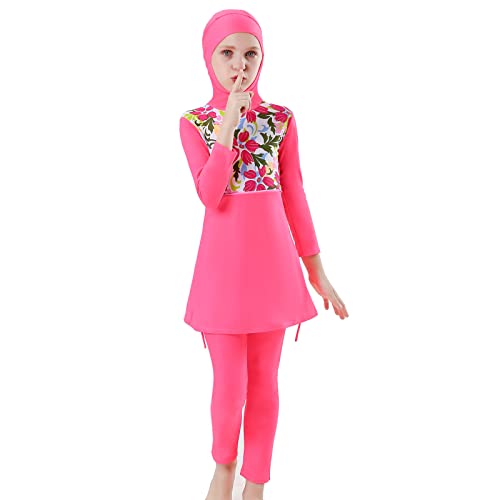 IMEKIS Kind Mädchen Muslimische Bademode Blume Schmetterlingsdruck Bescheidene Badeanzüge islamische Burkini Outfit Langarm Kapuze Badetop mit Hose 2pcs Tankinis Badeanzug Rose 11-12 Jahre