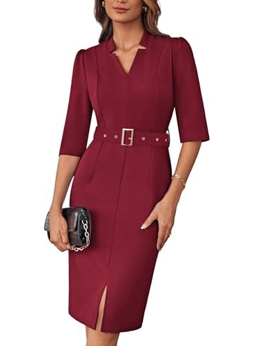GRACE KARIN Damen Sommer Kurzarm Midi Cocktailkleid Sexy V-Ausschnitt Figurbetontes Etuikleid Elegant Businesskleid Weinrot S