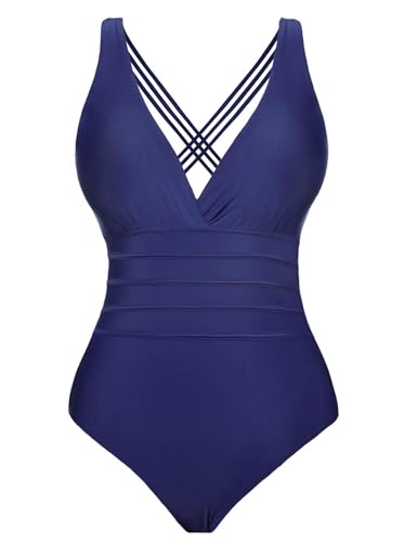 Aottori Einteiler Badeanzug Damen Bauchweg Einteilige Bademode Schwimmanzug Monokini Schlankheits Figurformend Strandmode V-Ausschnitt Navy L