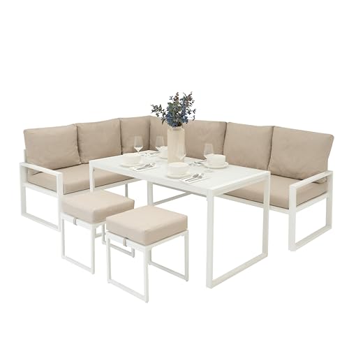 Monster Shop Garten Aluminium Möbelset Weiß 7-Sitzer Outdoor Terrasse Lounge Sectional Ecksofa Glasplatten Esstisch 2 Hocker Dicke Polster mit Waschbaren Bezügen wasserdichte Regenabdeckung