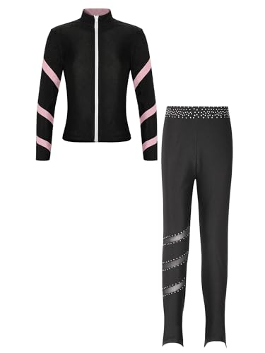 Freebily Kinder Mädchen Eiskunstlauf Anzug Jacke Hose Sport Set Eislaufen Trainingsoutfit Strass Sweatjacke Leggings Performance Tanzkleidung Rosa_E 134-140