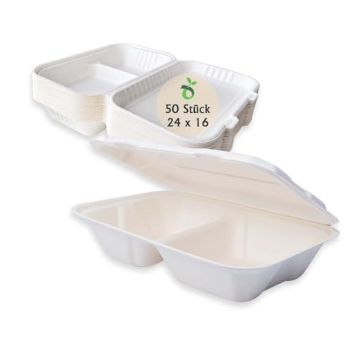 ECOPICNIC 50 Stück Menübox Einweg 2-geteilt rechteckiger 24 x 16 x 6 cm | Groß Lunchbox To Go Zuckerrohr, weiß Lunchboxen mit Klappdeckel ideal für Takeaway