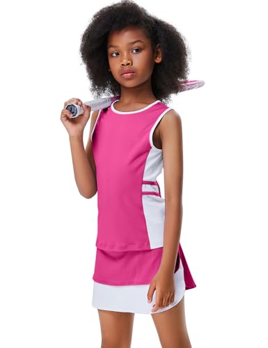 LIONJIE Tennis-Golf-Outfit für Kinder, Mädchen, ärmelloses Kleid, Tank-Top, Skorts, Röcke, athletische Sets mit Shorts und Taschen, 3–12 Jahre, Rosenrot, 7-8 Jahre