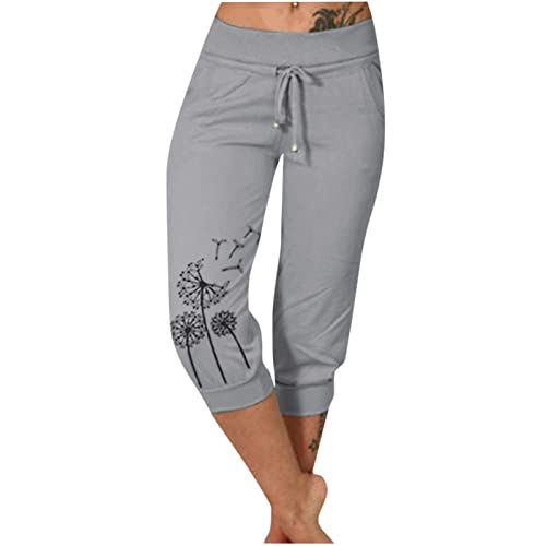 EMATOP Sommer Hose für Frauen 3/4 Capris Jogginghose Freizeit Leichte Sweathose Elastische Taille Sporthose mit Taschen Laufhosen Löwenzahn Muster Freizeithosen Baumwolle Bequem Yogahose