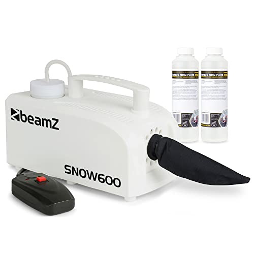 BeamZ SNOW600 Set Schneemaschine mit Flüssigkeit, 600 Watt Schnee Maschine mit Kabelfernbedienung, Snow Machine mit Konzentrat zum Mischen, mini Schneekanone Garten, Party Gadget, Winter Simulation