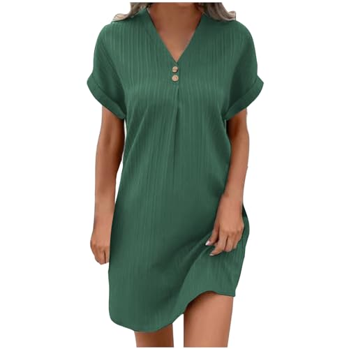 Guhmomh Sommerkleid Damen Kleider Baumwolle Leinen Kurzarm Strandkleid Elegant Sommerkleider Summer Dress Tankkleid Leicht und Luftig Tshirt Kleid Gutschein Amazon Grün XL