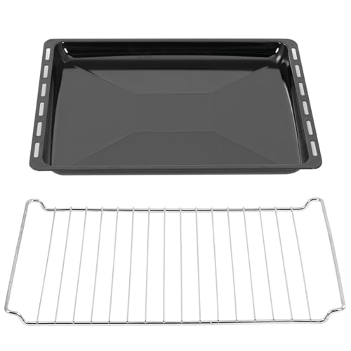 ICQN 45.5 x 37.5 cm Backbleche & -Gitter Set, 3 cm Tief Emailliert Fettpfanne und Verchromt Backofenrost für Backofen & Herd, Kratzfest & Rostfrei, 455 x 375 x 30 mm