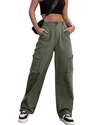 Dordanity Y2K Cargohose für Damen - High Waist Hose mit weitem Bein und 6 Taschen - erhältlich in den Größen S/M/L/XL(Olivgrün,XS)