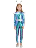 Fldy Mädchen Space Girl Alien Kostüm Metallic Jumpsuit Kopfschmuck Set Space Party Outfit Kinder Karneval Halloween Tanzkleidung Glitzer Tanz Overall Blau 110-116