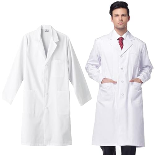 Laborkittel Kittel Herren Damen, Medizin Arztkittel, Laborkittel Weiß, Kittel Baumwolle Arztkittel, mit Knöpfen und 3 Tasche Chemie Kittel Schule Unisex Arztmantel für Labor, Studium, Arbeit, Size: L