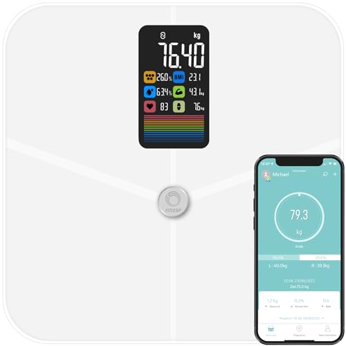 Fitleap Waage mit Körperfett- & Muskelanalyse bis 180kg, mit großen Display & App, Personenwaage und Körperfettwaage, auch für große Füße geeignet