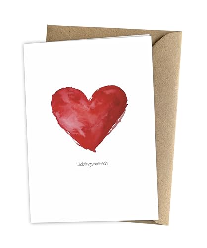 Herzfunkeln® Lieblingsmensch Karte für Freundin, Freund, Frau & Mann mit rotem Herz in DIN A6 - Umschlag aus Recyclingpapier - Liebe Grußkarte zum Jahrestag, Valentinstag, Hochzeitstag & Freundschaft
