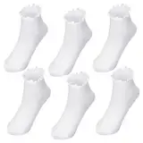 Lvefyti 6 Paar Rüschen Socken Damen Baumwollsocken Weiche Bequeme Atmungsaktive Strick Socken Elegante Prinzessin Socken Knöchelsocken für Damen Mädchen Frauen(Weiß)