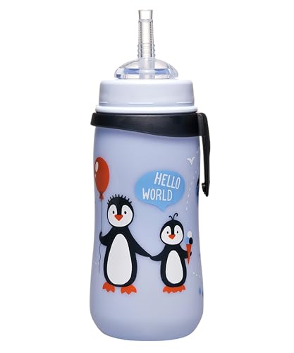 NIP Strohhalmbecher Straw Cup ab 1 Jahr, auslaufsichere Kindertrinkflasche mit Clip, Sauger und Trinkhalm einfach zu reinigen, leicht und unzerbrechlich, Tiermotiv Pinguin