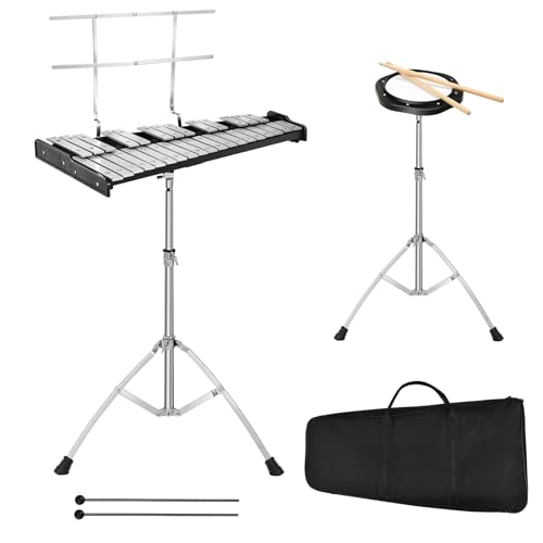 KOMFOTTEU Glockenspiel Set mit höhenverstellbarem Ständer, 32 Noten Xylophon mit 1 Paar Schlägeln & Drumsticks & 1 8-Winkel-Übungstrommel, Handpercussion tragbar für Kinder, Erwachsene