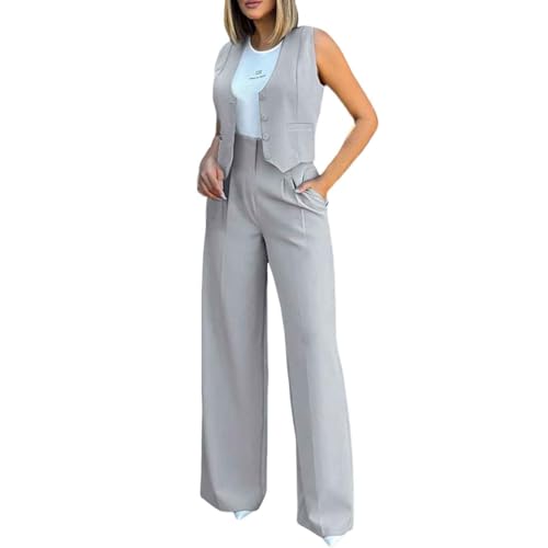 Hosenanzug Damen Business 2 Teiler Grau Blazer Weste Und Hose Jogger Anzug Set Sommer Outfits Zweiteiler Freizeitanzug Two Piece Jogginganzug Loungewear Casual Clothes
