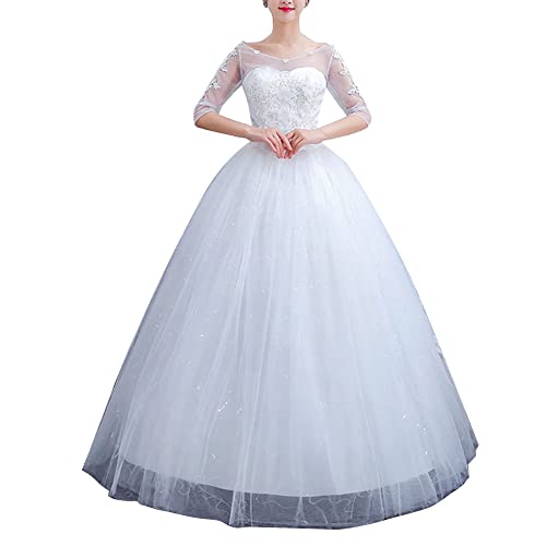 Elegant Hochzeitskleid Damen Lang Vintage Spitze A Linie Hochzeitskleider Brautkleid Prinzessin Glitzer Brautkleider Standesamt Tüll mit Ärmel,Weiß,L