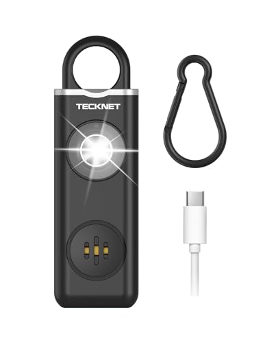 TECKNET Persönlicher Alarm, Taschenalarm mit 130 dB Sirene und LED Signalleuchte, USB Typ-C wiederaufladbar Schlüsselanhänger für Frauen, Sicherheitsalarm für Kinder/Frauen/Ältere/Studenten (Schwarz)