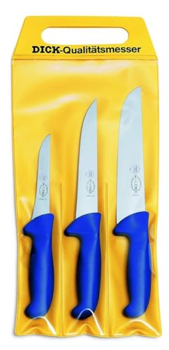 F. DICK Messer Set ErgoGrip 3-teilig (Ausbeinmesser 13cm, Stechmesser 18cm, Blockmesser 21 cm, HRC 56°) 8255300, Blau