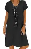 Sommerkleid Damen Leinen Kleider Casual V-Ausschnitt Midikleid Kurzarm A-Linie Kleid Strandkleid Ohne Zubehör (A Schwarz, XL)