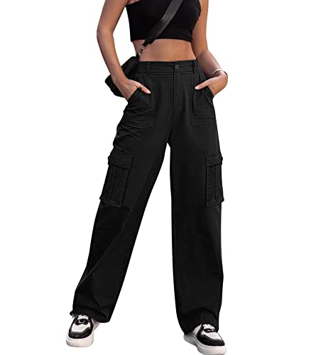 Dordanity Y2K Cargohose für Damen Baggy Hosen High Waist Wanderhose Baumwolle Arbeitshose mit Multi Taschen(Schwarz,S)