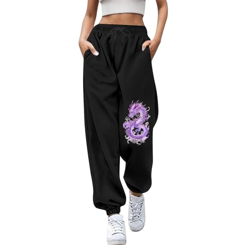 Bedruckte Damen Freizeithosen Hosen Damen Bedruckte Freizeithose, Sport, geschlossene Taille, Schnürung, elastische Taille, kleine Fußhose, Jogginghose Damen Sommer Hosen für (Purple, XL)