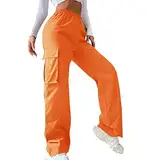 Cargohose Damen High Waist Jogginghose Teenager Mädchen Cargo Hose Cargohosen Y2k Hosen Straight Sweathose Elastische Bund Capri Hosen Schlaghose Sport Jogginghose Streatwear mit Taschen