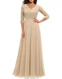 Daisyaner Damen Elegant Maxi Lang Abendkleid mit floraler Spitze V-Ausschnitt Brautjungfernkleider Ballkleid Bodenlang Cocktailkleid Hochzeit Abschlusskleid Champagner S